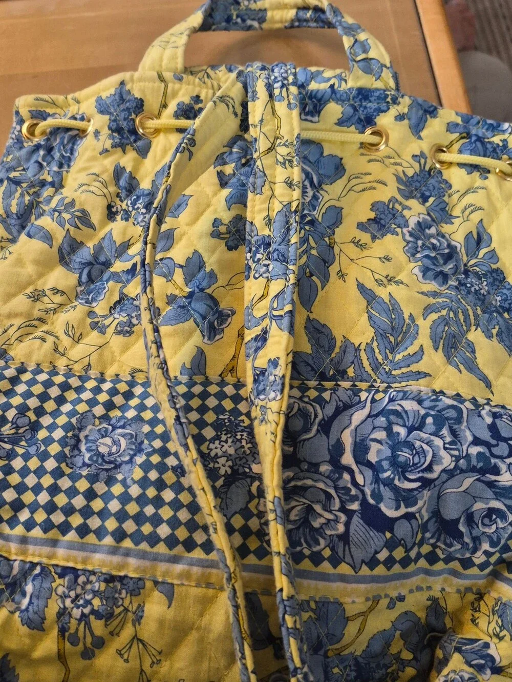 Quilted Floral Backpack Tote By Sharif Yellow & Blue Rose Print Gingham Trim